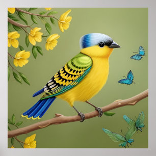 Poster Oiseau jaune vibrant sur une branche