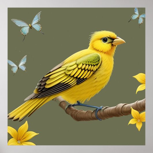 Poster Oiseau jaune vibrant sur une branche (Devant)