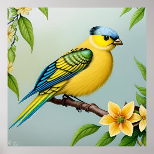 Poster Oiseau jaune vibrant sur une branche