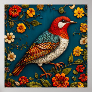 Poster Oiseau perché parmi des fleurs colorées