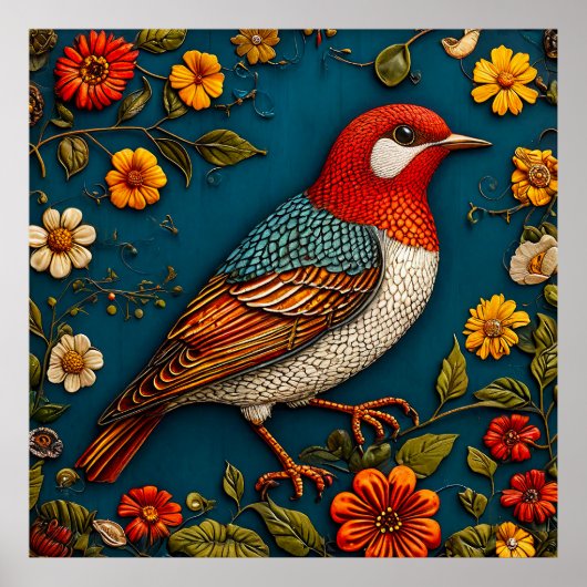 Poster Oiseau Perché Parmi Les Fleurs Colorées (Devant)