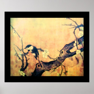 Poster OISEAU PRINTANIER ET ARBRE FLEURI Jaune Brun Noir