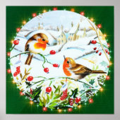 Poster Oiseau Robin Couple Winter Holly Noël (Devant)