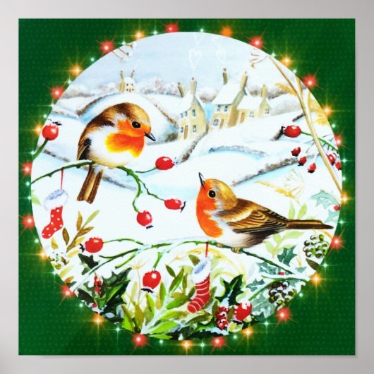 Poster Oiseau Robin Couple Winter Holly Noël (Devant)