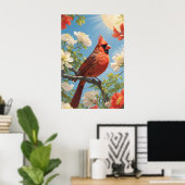 Poster Oiseau rouge dans le soleil et les fleurs (Bureau à domicile)