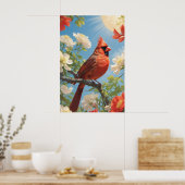 Poster Oiseau rouge dans le soleil et les fleurs (Cuisine)