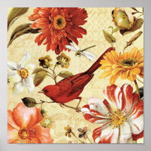 Poster Oiseau rouge dans un jardin fleuri
