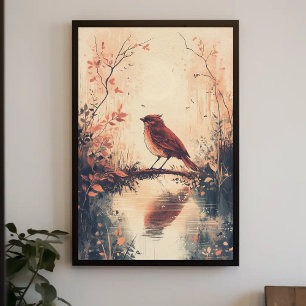 Poster Oiseau rouge et eau Nature Animaux Aestheti