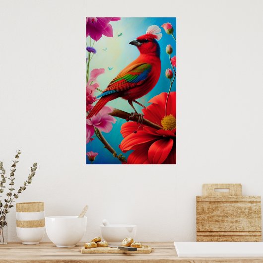 Poster Oiseau rouge et fleurs (Cuisine)