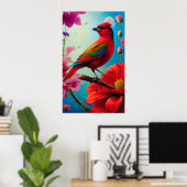 Poster Oiseau rouge et fleurs (Bureau à domicile)