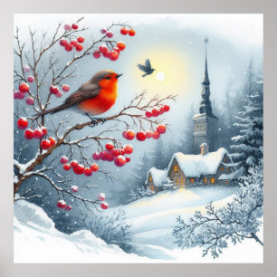 Poster Oiseau rouge et paysage hivernal 4