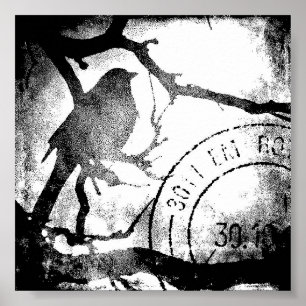 Poster Oiseau sur une branche, noir et blanc