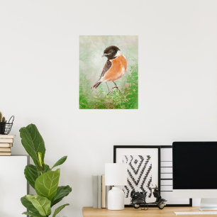 Poster Oiseau Tarier des pierres Aquarelle  Art de la nat