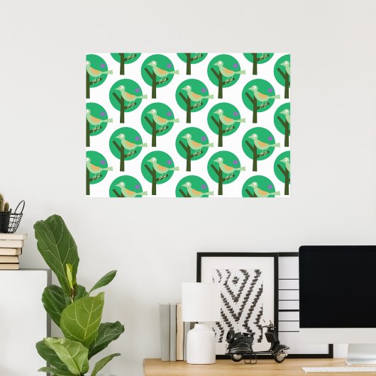 Poster Oiseau vert et arbre Motif Nature inspirée (Bureau à domicile)