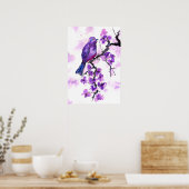 Poster Oiseau Violet et Fleurs (Cuisine)