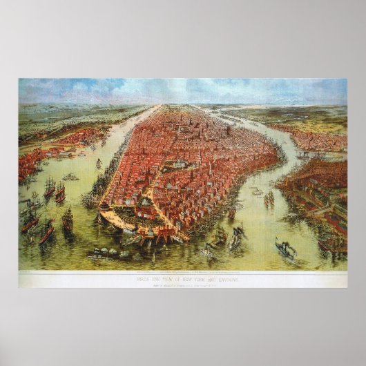 Poster Oiseau's Eye View of Manhattan, Bachmann 1865 Impr (Devant)