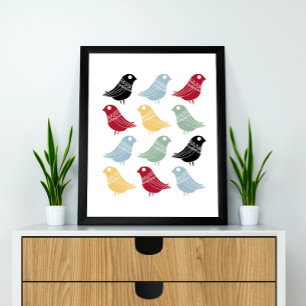Poster Oiseaux Abstraits colorés Mi-Siècle Rétro
