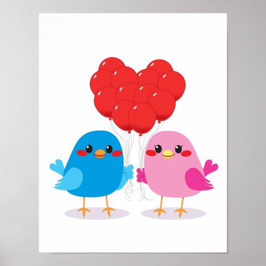 Poster Oiseaux Aimer Ballons Coeurs (Devant)