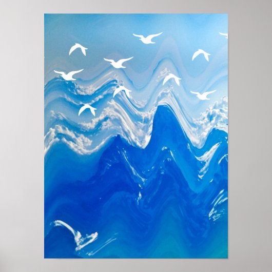 Poster Oiseaux au-dessus des vagues de la mer (Devant)