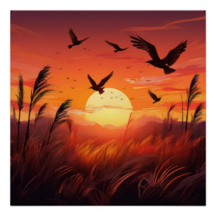 Poster Oiseaux au soleil couchant - Sérénité de la nature