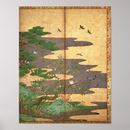 Poster Oiseaux aux fleurs d'automne et d'hiver (Devant)