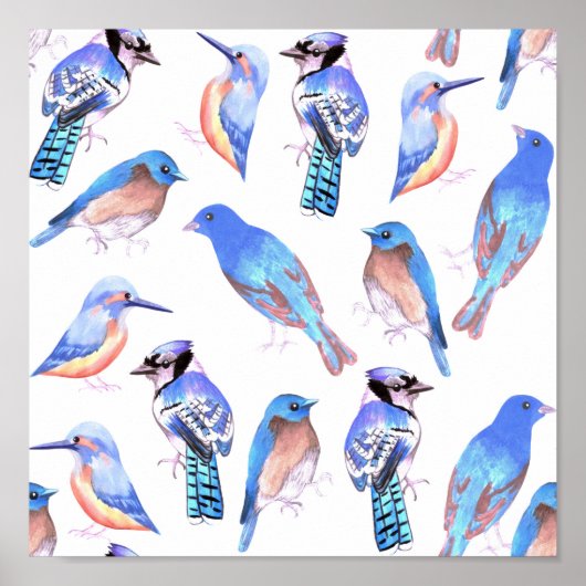 Poster Oiseaux aux teintes et teintes bleu (Devant)