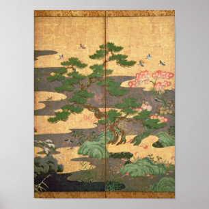 Poster Oiseaux avec des fleurs d'automne et d'hiver