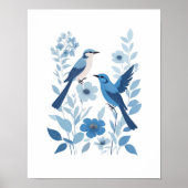 Poster Oiseaux blancs bleus et fleurs florales Aquarelle (Devant)