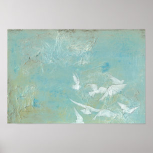 Poster Oiseaux blancs volant par le ciel bleu