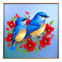 Oiseaux bleus colorés perchés parmi les fleurs rou