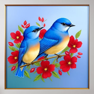 Poster Oiseaux bleus colorés perchés parmi les fleurs rou