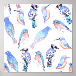 Poster Oiseaux bleus en effet mosaïque
