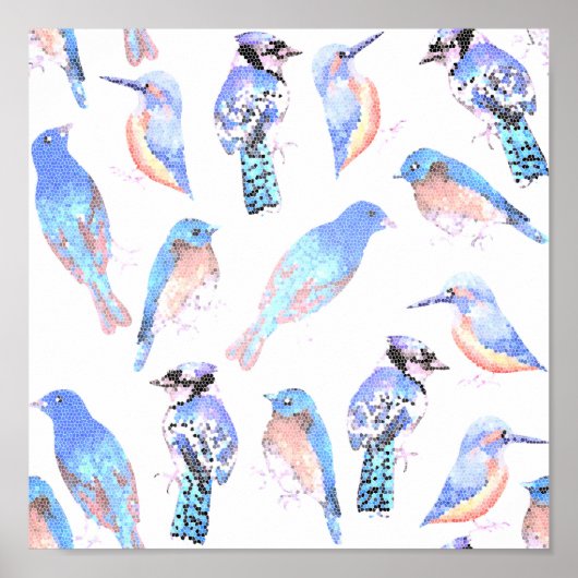 Poster Oiseaux bleus en effet mosaïque (Devant)
