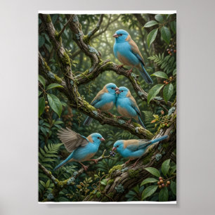 Poster Oiseaux bleus sur des arbres de forêt luxuriante,