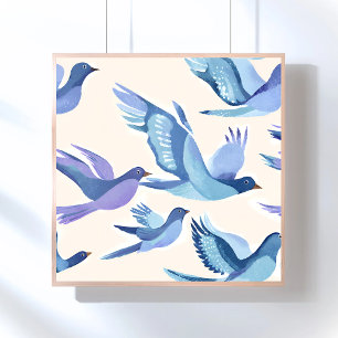 Poster Oiseaux bleus volant   Aquarelle moderne