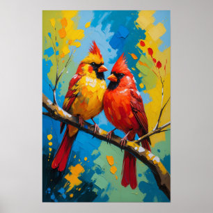 Poster Oiseaux cardinaux brillants perchés sur une branch