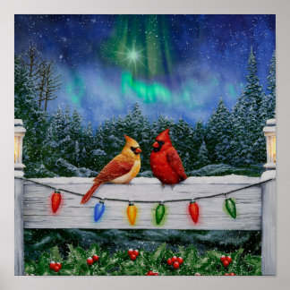 Poster Oiseaux cardinaux et lumières de Noël