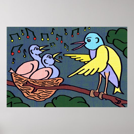 Poster Oiseaux caricaturaux chantant dans un arbre (Devant)