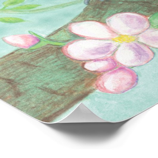 Poster Oiseaux chantant sur une branche d'arbre en fleurs (Coin)