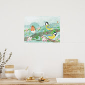 Poster Oiseaux chantant sur une branche d'arbre en fleurs (Cuisine)