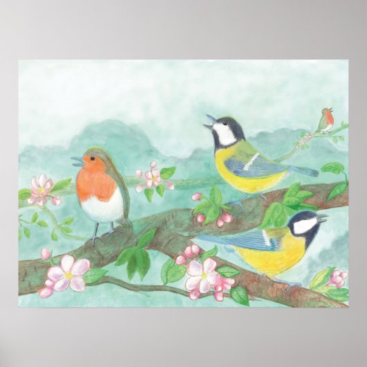 Poster Oiseaux chantant sur une branche d'arbre en fleurs (Devant)