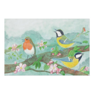 Poster Oiseaux chantant sur une branche d'arbre en fleurs