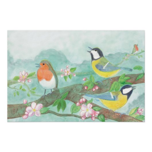 Poster Oiseaux chantant sur une branche d'arbre en fleurs (Devant)