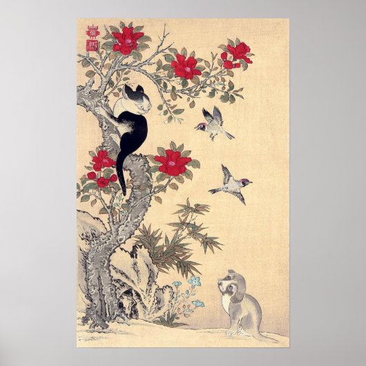 Poster Oiseaux, Chat et Chien, Itō Jakuchu (Devant)