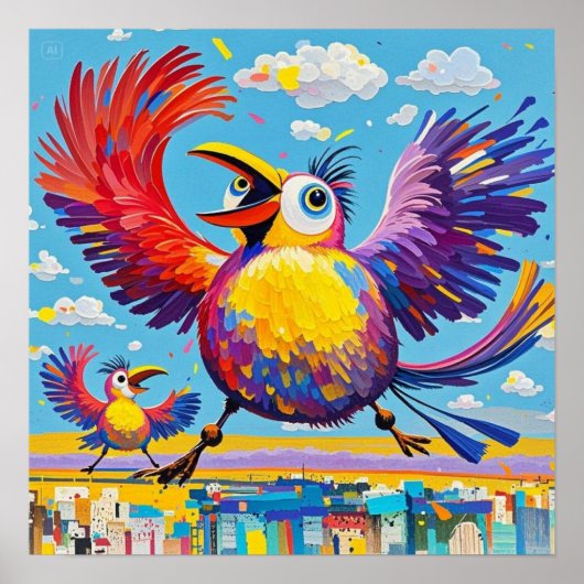 Poster Oiseaux coloré art abstrait gras géant mignon drôl (Devant)