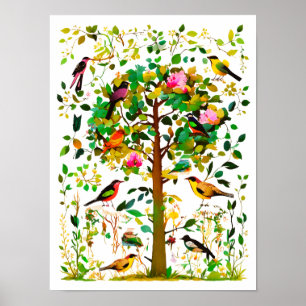 Poster Oiseaux colorés dans un arbre en fleurs