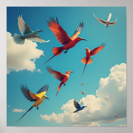 Poster Oiseaux colorés dans un ciel bleu (Devant)