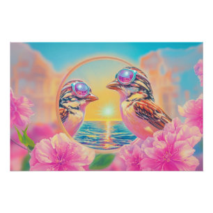 Poster Oiseaux cool avec lunettes de soleil au coucher du