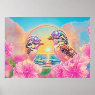 Poster Oiseaux cool avec lunettes de soleil au coucher du