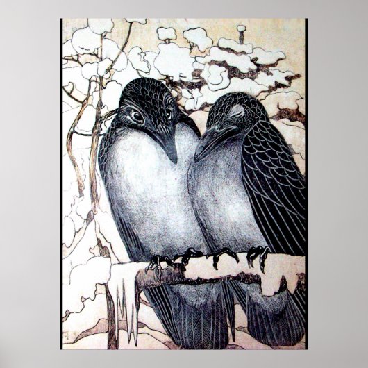 Poster OISEAUX D'AMOUR D'HIVER DANS LA NEIGE Noir Blanc (Devant)